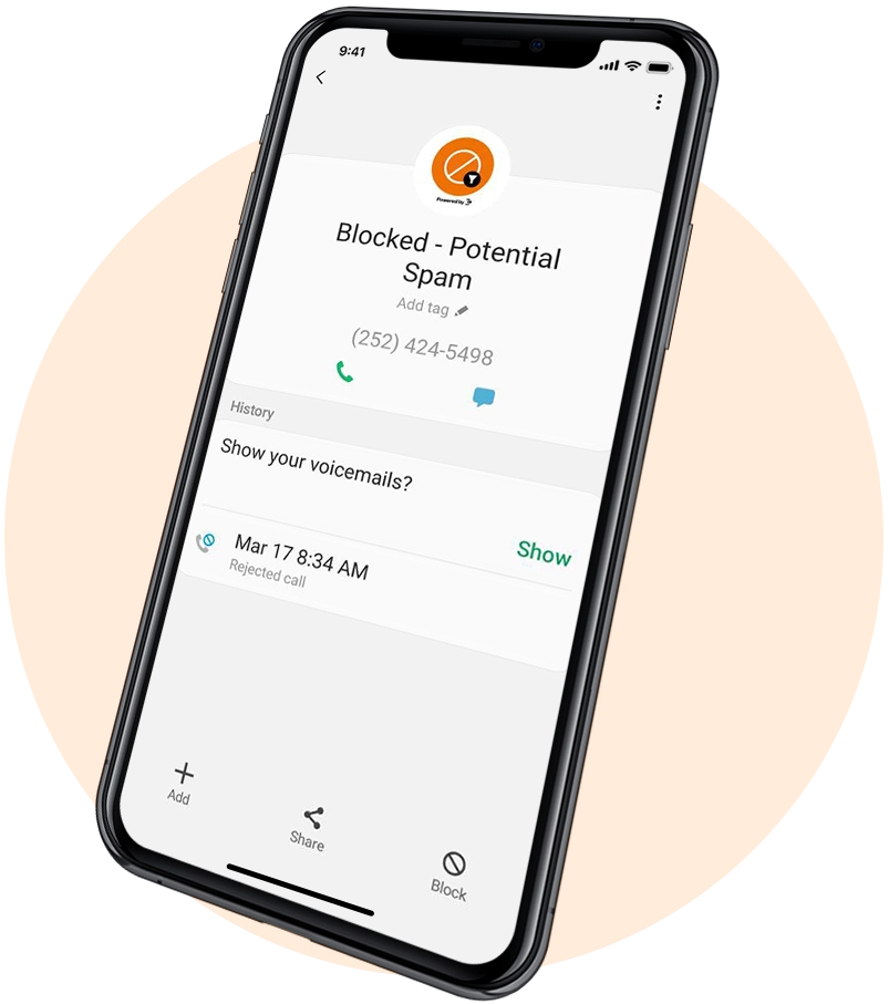 Smartphone screen showing a call blocked as potential spam